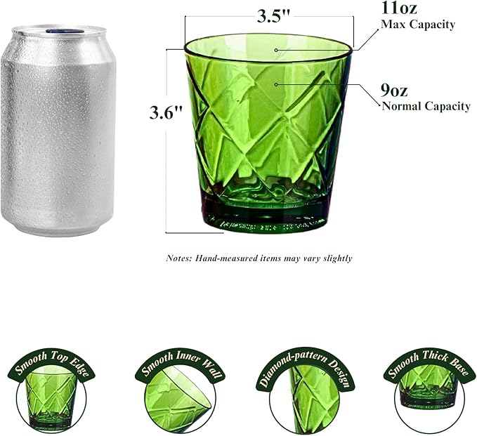 11oz Acrylic Glasses Drinkware (Set of 8), Diamond-pattern Shatter-Proof Plastic Tumblers, Reusable Plastic Stemless Wines Cups, Stackable, BPA-Free, Dishwasher-Safe (Muticolor)