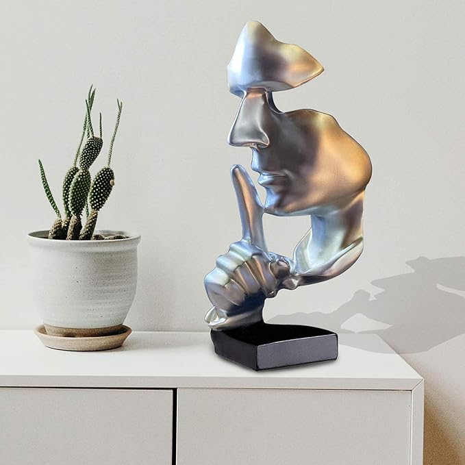aboxoo Abstract Statues Silence is Gold Decorative Objects,Modern and Simple Resin Figurine,Desk Decoration for Office Home Piano Decor. (Silver)