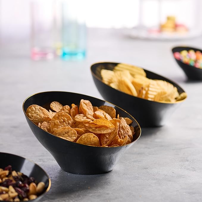 PLASTICPRO Angled Plastic Bowls Disposable Medium Plastic Black Serving Bowls with Gold Rim for Party for Appetizer Salads Pack of 4