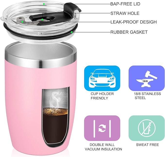 VEGOND Stainless Steel 12 oz Tumblers bulk Vacuum Insulated Double Wall Travel Tumbler with Lid and Straw Reusable Tumbler, Pink 6 pack