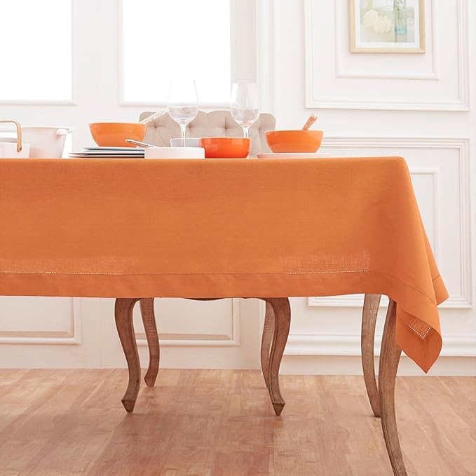 Solino Home Linen Tablecloth 60 x 156 Inch - Classic Hemstitch 100% Pure Linen Pumpkin Table Cloth for Rectangle Tables - Machine Washable Tablecloth