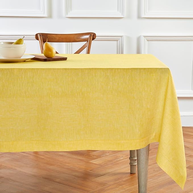 Solino Home Linen Tablecloth 60 x 108 Inch - 100% Pure Linen Chambray Lemon Yellow Table Cloth for Rectangular Tables - Athena, Machine Washable Cloth Tablecloth for Spring, Easter