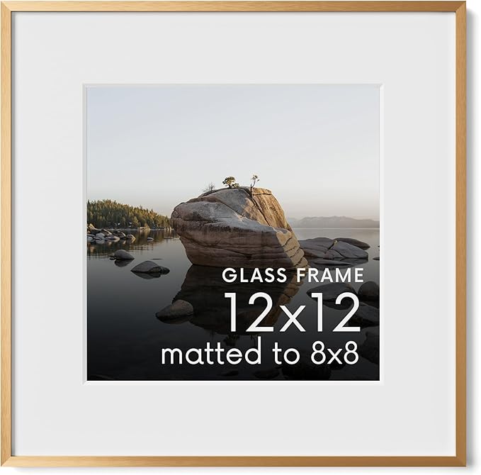 HAUS AND HUES 12x12 Picture Frame with Real Glass & Brass Premium-Grade Metal Matted to 8x8 - Aluminum 12x12 Frame With Mat - Includes Hanging Kit - Ideal for Home, Office (12x12 in, Brass)