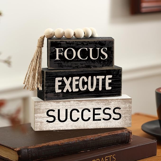 4 Pcs Motivational Wooden Tabletop Decor Inspirational Tiered Tray Decor Rustic Retro Wood Bead Garland Focus Execute Success Block Sign Gift Farmhouse Centerpiece for Home Shelf Mantle