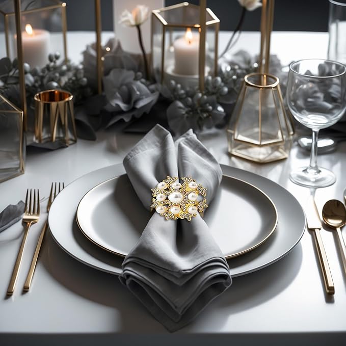 Decozen Set of 16 Gold Napkin Rings with Pearl Design, Festive, Table Decor Setting for Holiday, Wedding, Birthday, Kitchen, Home Decor, Housewarming Gift - Thanksgiving & Christmas Gift Decoration