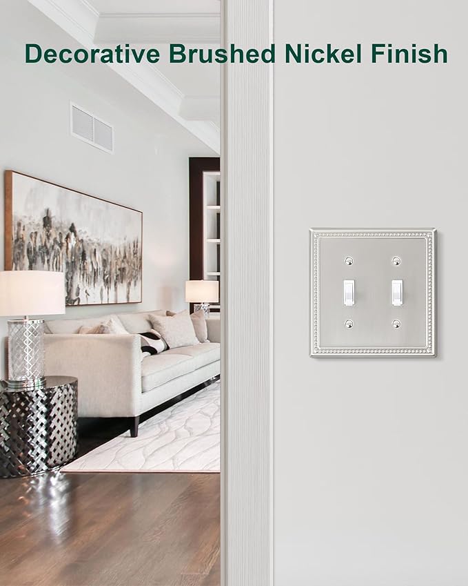 2-Pack Double Toggle Light Switch Cover Plate, Pearls Decorative Dual Switch Plate Covers, Brushed Nickel 2 Gang Metal Wall Plate, Corrosion Resistant