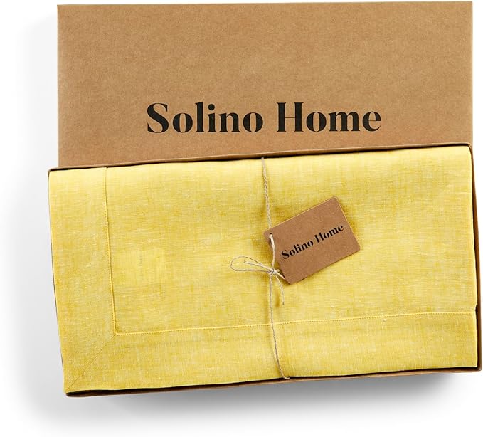 Solino Home Linen Tablecloth 60 x 108 Inch - 100% Pure Linen Chambray Lemon Yellow Table Cloth for Rectangular Tables - Athena, Machine Washable Cloth Tablecloth for Spring, Easter