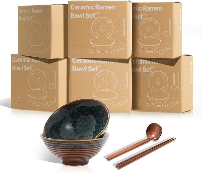 8 Inch Ceramic Ramen Bowl Set of 2, 40oz Japanese Bowls with Spoons & Chopsticks,Durable,Microwave & Dishwasher Safe,Perfect for Ramen,Pho,Salad,Soup,Noodles，Mixing bowls（Verdigris Green）