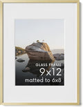 HAUS AND HUES 9x12 Picture Frame with Real Glass & Gold Premium-Grade Metal Matted to 6x8 - Aluminum 9x12 Frame - Includes Hanging Kit - Ideal for Home, Office (9x12 in, Gold)