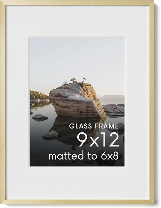 HAUS AND HUES 9x12 Picture Frame with Real Glass & Gold Premium-Grade Metal Matted to 6x8 - Aluminum 9x12 Frame - Includes Hanging Kit - Ideal for Home, Office (9x12 in, Gold)