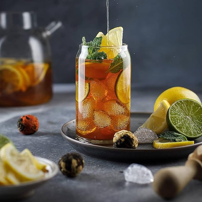 Le'raze Set of 4 Patented Can Shaped® Drinking Glasses with Glass Straws - 16oz Iced Coffee & Tea Glass Cups, Clear Whiskey Soda Tumblers, Beer Glasses.