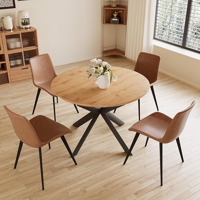 43.2"-59.1" Extendable Round Dining Table Set, Mid Century Modern Wooden Round Table, Leisure Oak Coffee Table,w/ 4 PU Leather Chairs