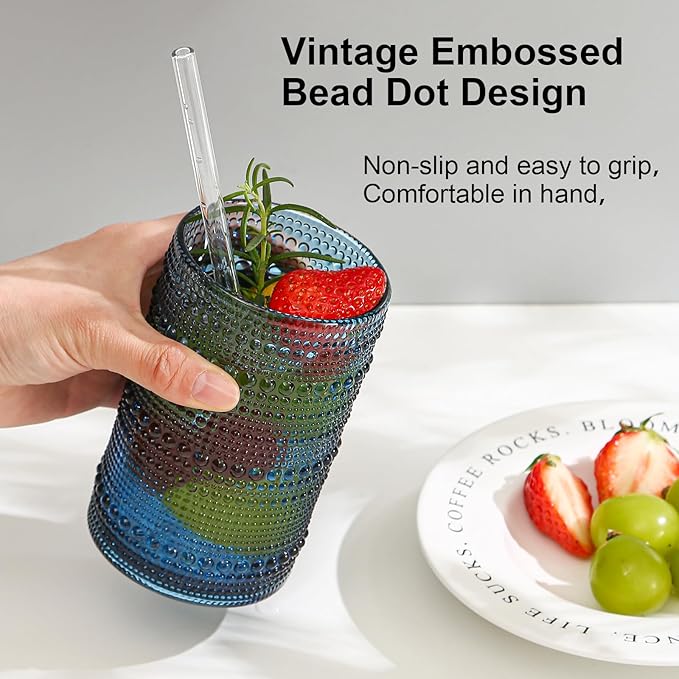Vintage Hobnail Drinking Glasses Set of 12, 15oz Textured Tumblers - Embossed Blue Bar Glasses for Cocktails, Beer, Whiskey, Dishwasher-Safe Highball Cups for Kitchen, Juice & Mixed Drinks