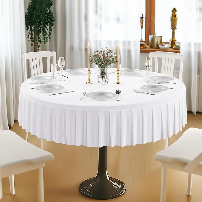 8 Pack White Spandex Round Tablecloths for 60 inch Tables, Stretchy Fitted 5FT Round Table Cloths,Wrinkle Free Table Cover with Skirt for Wedding Party Dining Banquet