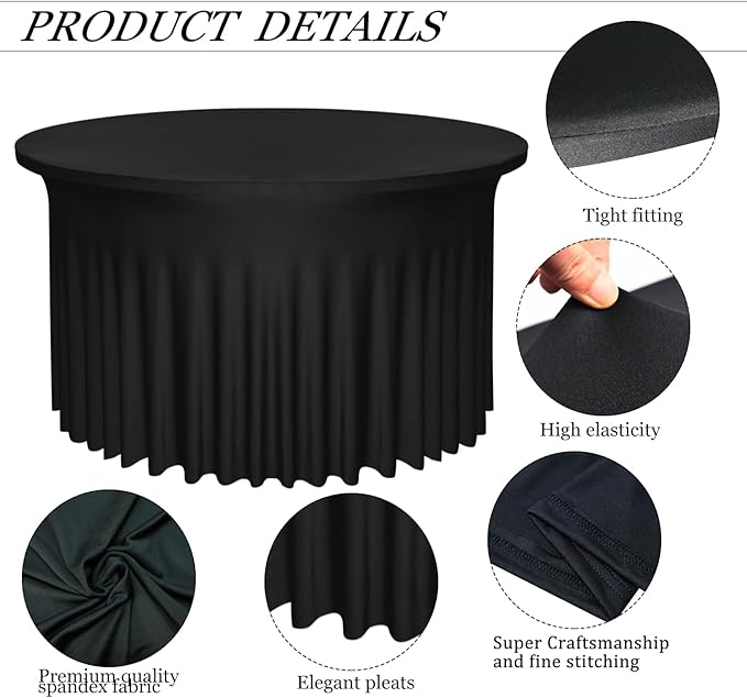 4 Pack Black Round Table Skirt, 48 Inch Diameter x 30 Inch Height, Stretch Polyester Spandex Tablecloth for 4ft Tables, Stain & Wrinkle Resistant for Wedding, Party, Banquet Decor