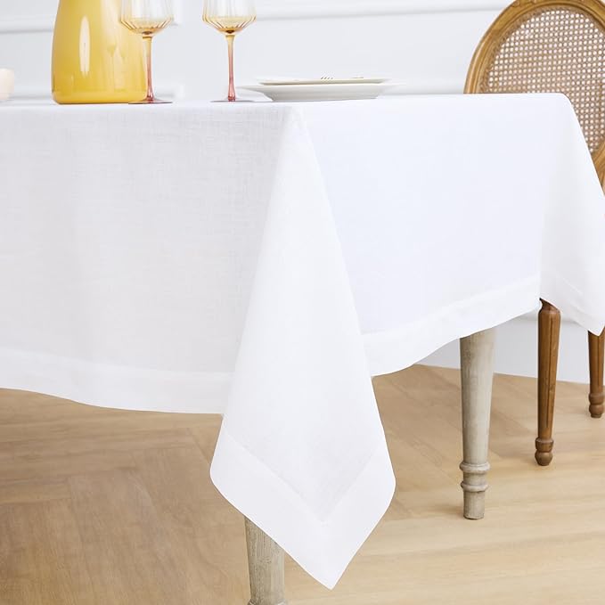 Solino Home White Tablecloth 60 x 108 Inch - 100% Pure Linen Rectangular Tablecloth - Machine Washable Table Cloth for Winter, Valentines, Spring, Easter - Fete