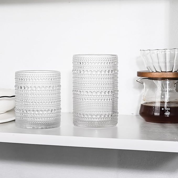 Vintage Hobnail Drinking Glasses Set of 8，15 oz Highball Glasses & 12 oz Cocktail Glasses，Drinkware Kitchen Glasses for Cocktail, Iced Coffee, Beer, Ice Tea, Wine, Whiskey, Water