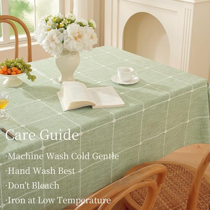 Zobesta Linen Green Table Cloth Checkered 86 x 53 Inch Linen Tablecloth Rectangle Tables, Farmhouse Soft Boho Tablecloth for Outdoor, Party, Holiday, Picnic, Dining