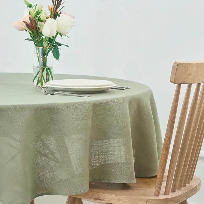 maxmill Lux Faux Linen Tablecloth with Slubby Texture Wrinkle Resistant Anti-Shrink Soft Table Cloth for Kitchen Dining Restaurant Tabletop for Event Holiday Dinner Round 70 Inch Sage Green