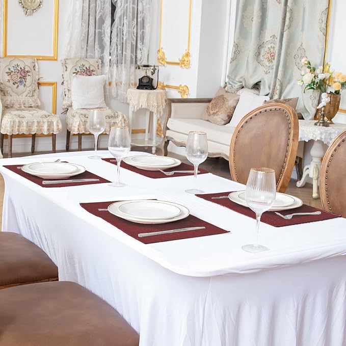 Cloth Burgundy Placemats Set of 8, Linen Type Fabric Placemats Machine Washable Heat Resistant Placemats Polyester Place Mats for Halloween, Thanksgiving and Christmas Dining Table (Burgundy)