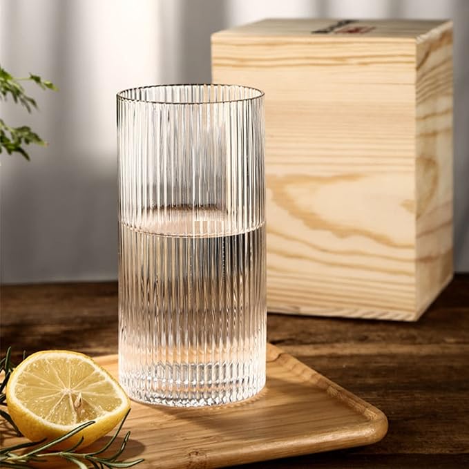 INSETLAN Glass Cups Vintage Glassware Set of 4 Small, Origami Style Transparent Cocktail Glasses Set, Bar Beverages Ice Coffee Cup Juice Ripple Drinkware, 270ml (S)