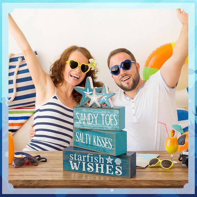 4 Pcs Summer Table Decorations Beach Tiered Tray Decor Starfish Coastal Rustic Wooden Block Sign Stacked Book Nautical Table Centerpiece for Farmhouse Home Living Room Office Desk Shelf Mantel