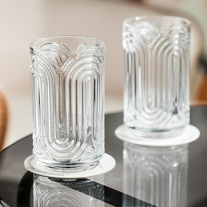 INSETLAN Set of 6 Vintage Glassware - 14 oz Water Drinking Glasses, Art Deco Ripple Glass Cup, Cocktail Glasses, for Bar Beverages Ice Coffee Juice, Housewarming Presents, New House Essentials