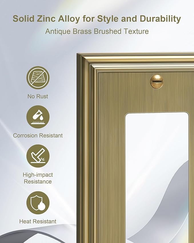 6-Pack Decorator Outlet Cover Plate, Antique Brass Decorative Switch Plates and Outlet Covers, Durable Zinc Alloy Wall Plates for Electrical Outlets, Receptacle, GFCI Outlet, Dimmer Switch