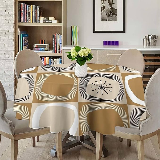 Mid Century Round Tablecloth, Retro Geometric Colorful Squares Abstract Boho Vintage 50s 60s Tablecloth for Home Party Dining Room Kitchen Decor 50Inch(127cm)