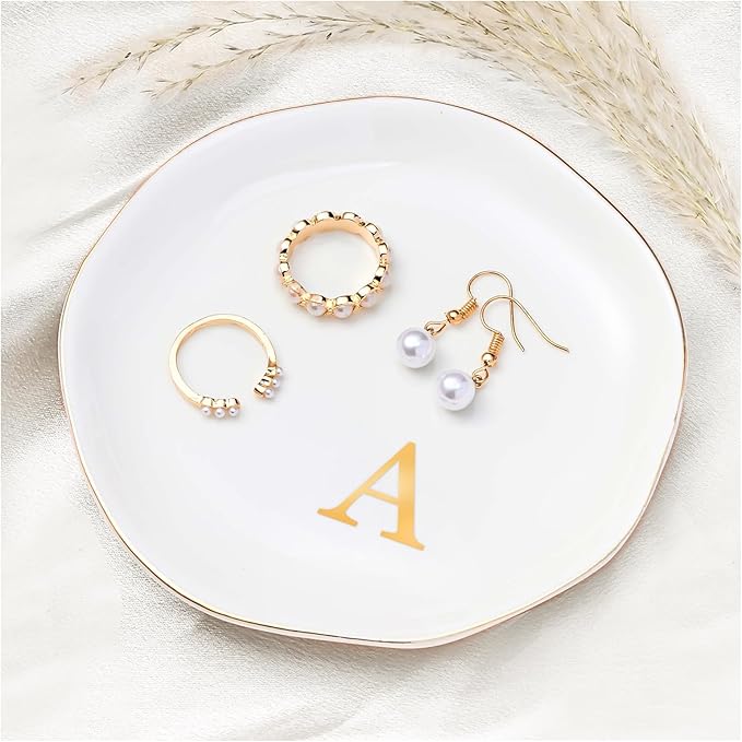 ProCase Ceramic Jewelry Tray, Initial Ring Dish Trinket Plate Engagement Gift, Small Personalized Monogram Ring Bowl for Wedding, White Decorative Jewelry Holder for Women Vanity -Letter A