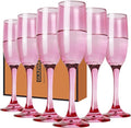 Champagne Flutes Glasses Set of 6-6oz Elegant Pink Glass, Unique Pink Colored Long Stem Champagne Flute Gift for Wedding, Anniversaries, Parties, Birthday, Restaurant, Home Bar