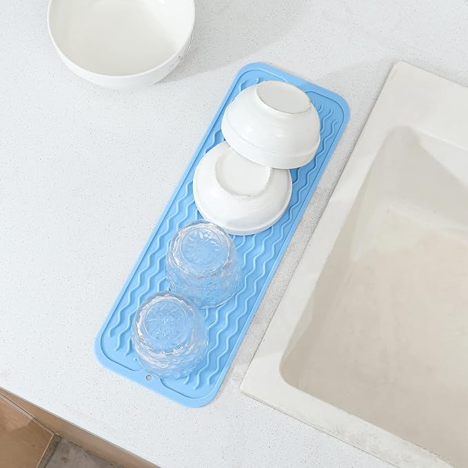 Silicone Dish Drying Mat for Multiple Usage,Easy clean,Eco-friendly,Heat-resistant Silicone Mat for Kitchen Counter,Sink,Bar,Bottle,or Cup Light Blue M 17 inches x 6 inches