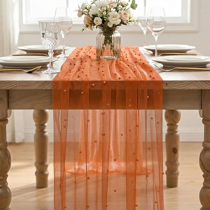 Artoid Mode Pearl Terrcotta Gauze Table Runner 120 Inch 10FT, Seasonal Sheer Dining Holiday Wedding Birthday Baby Shower Table Decor for Home Party