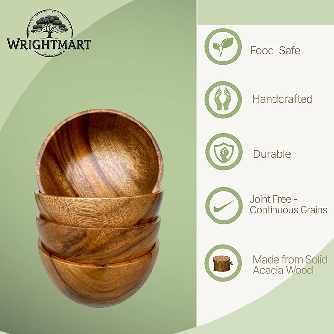 Small Wooden Calabash Bowls – 4.25” Acacia Snack, Dip & Side Dish Set of 4, Rustic Handmade Condiment Serving Bowls, Gift Ready