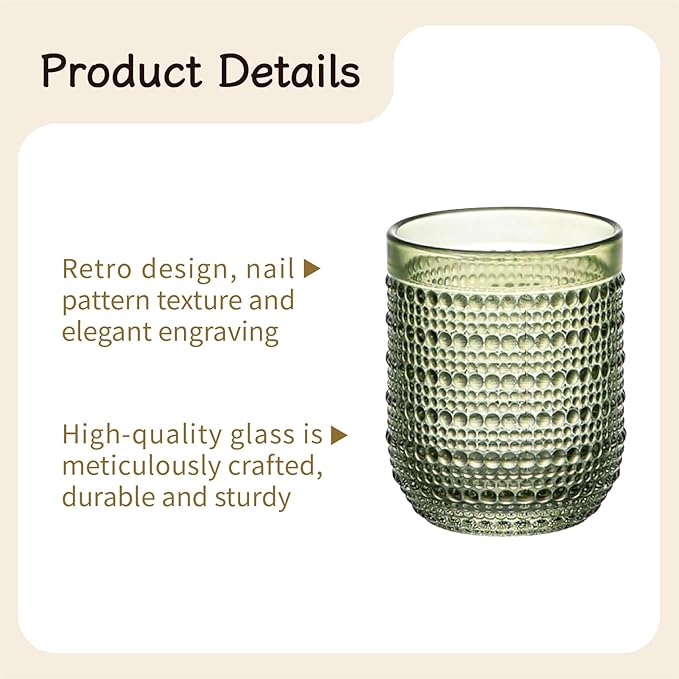Colored Vintage Hobnail Glasses, 12 oz Drinking Tumblers Set of 6, Textured Glassware, Lead-Free Water Juice Cocktail Cups (2×Red, 2×Blue, 2×Green)