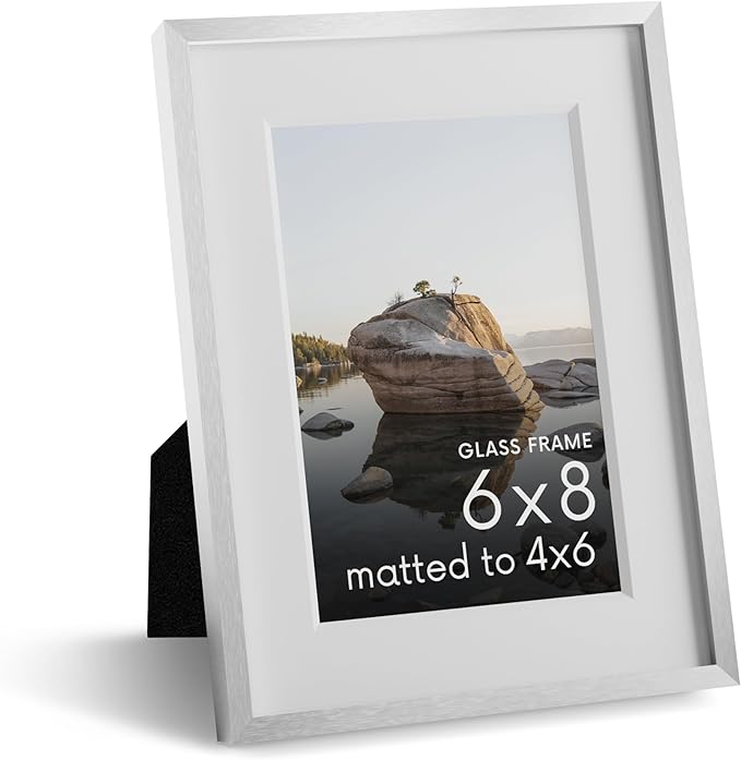 HAUS AND HUES 6x8 Picture Frame with Real Glass & Silver Premium-Grade Metal Matted to 4x6 - Aluminum 6x8 Picture Frame - Includes Easel Back, Hanging Kit - Ideal for Home, Office (6x8 in, Silver)