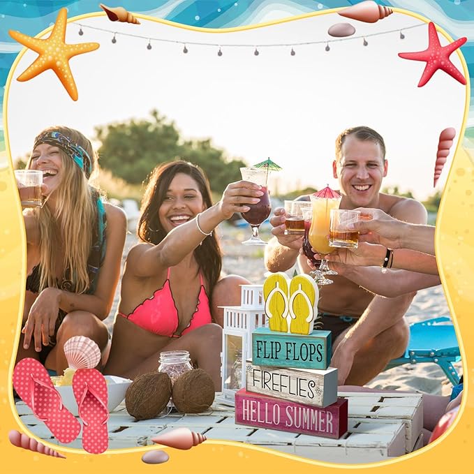 4 Pcs Summer Table Decorations Wooden Sign Flip Flops Table Centerpiece Summer Tiered Tray Decor Decorative Faux Book Stack Block for Coffee Fireplace Mantel Floating Shelf Hawaii