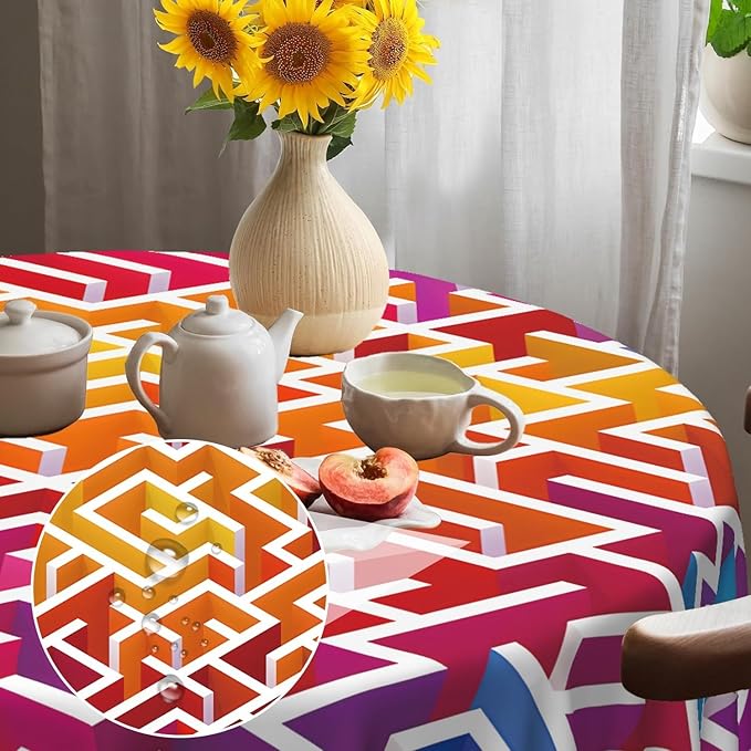 Laeacco 42 Inch Maze Round Tablecloth Colorful Labyrinth Texture Modern Geometric Abstract Art Print Table Cloth Washable Waterproof Wrinkle Free Table Cover for Kitchen Dining Picnic Party Decor