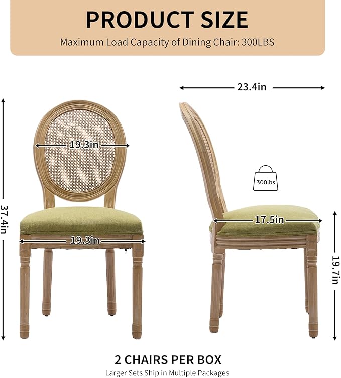 Vintage French Rattan Dining Chairs Set of 6, Round Back Accent Chairs with Rattan Backrest and Upholstered Linen Seat, Solid Frame Wood Sillas de Comedor for Dining Room & Kitchen, Olive Green