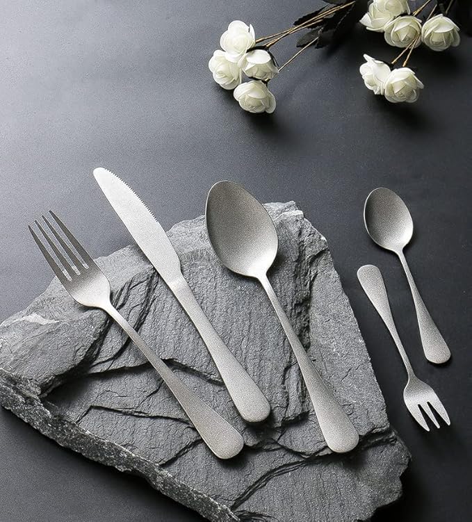 Matte Silverware Set for 8 Stainless Steel Flatware Set Vintage Style Delicate Cutlery Utensils 40 Piece Include Knives Forks and Spoons Tableware Set for Home Kitchen Wedding Restaurant