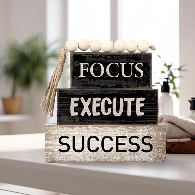 4 Pcs Motivational Wooden Tabletop Decor Inspirational Tiered Tray Decor Rustic Retro Wood Bead Garland Focus Execute Success Block Sign Gift Farmhouse Centerpiece for Home Shelf Mantle