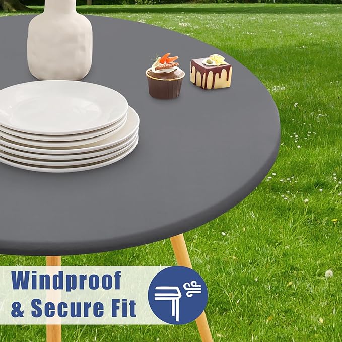 Round Spandex Tablecloth 2 Pack, Elastic Fitted Waterproof Tablecloths for 36"-44" Tables, Stretch Washable Picnic Table Cover for Camping, Dining, Indoor and Outdoor, Grey