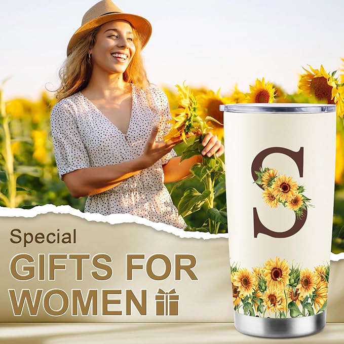 Sunflower Gifts for Women - Personalized Christmas Gifts for Women - Birthday Gift for Woman - Mothers Day Gift for Mom - Monogrammed, Initial 20oz Travel Cup Insulated Tumbler with Lid, S