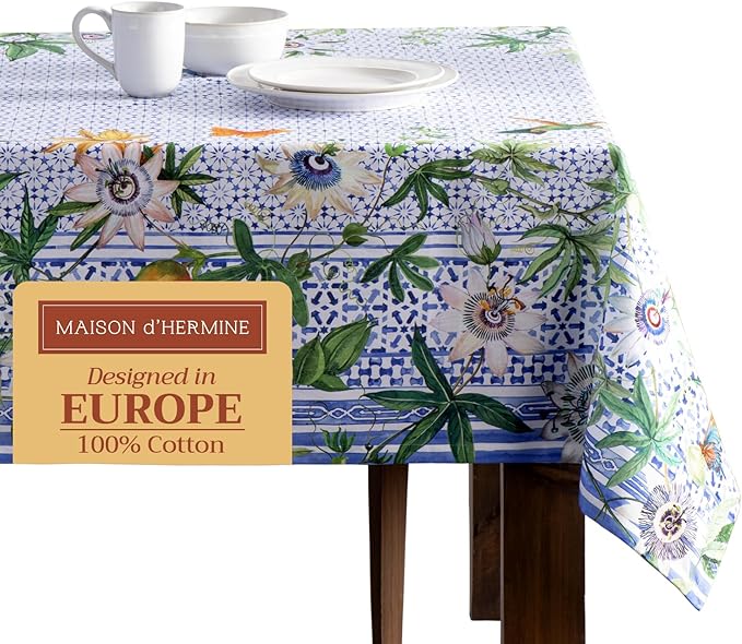 Maison d' Hermine Table Cloth Rectangle Table 100% Cotton 70 x 108 Inches Tablecloth Reusable Decorative for Dining Room Farmhouse Home Valentines Day Decorations Spring Summer - Passiflora