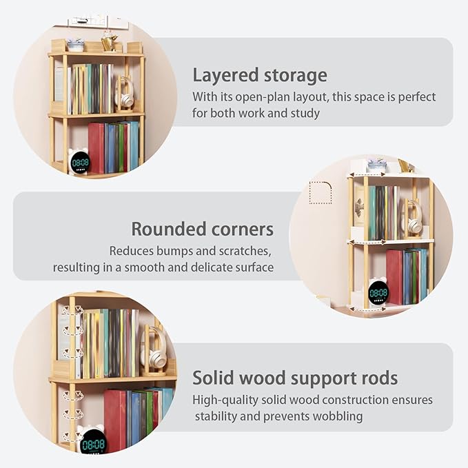 Desktop Organizer Shelf, Multi Tier Wood Tabletop Bookshelf, Space Saving Countertop Storage Rack for Office, Bedroom, Living Room(Warm White,15.7 * 7.8 * 14.5in)
