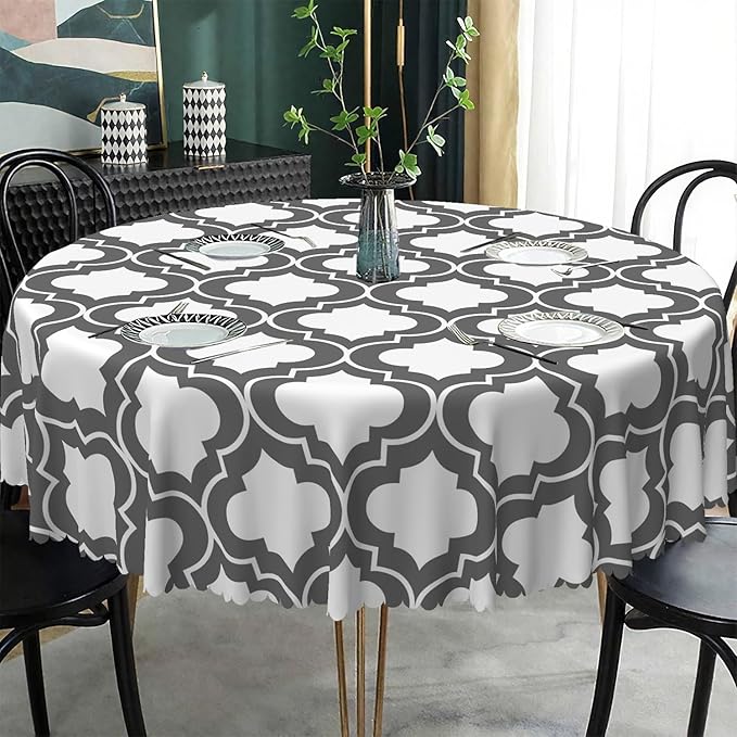 Laeacco 70 Inch Morocco Round Tablecloth Grey White Geometric Lattice Modern Abstract Art Print Table Cloth Washable Waterproof Wrinkle Free Table Cover for Kitchen Dining Picnic Party Decoration
