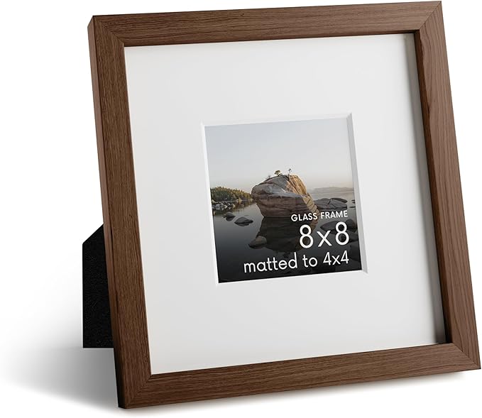 HAUS AND HUES 8x8 Picture Frames with Real Glass and Walnut Oak Matted to 4x4 - Oak Square Picture Frame - Includes American Oak, Easel Back, Vertical Hang - Ideal for Home, Office (8x8 in, Walnut)