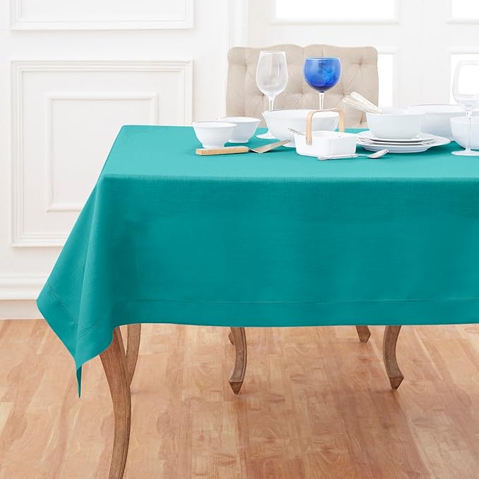 Solino Home Linen Tablecloth 60 x 132 Inch - Classic Hemstitch 100% Pure Linen Teal Table Cloth for Rectangle Tables - Machine Washable Tablecloth