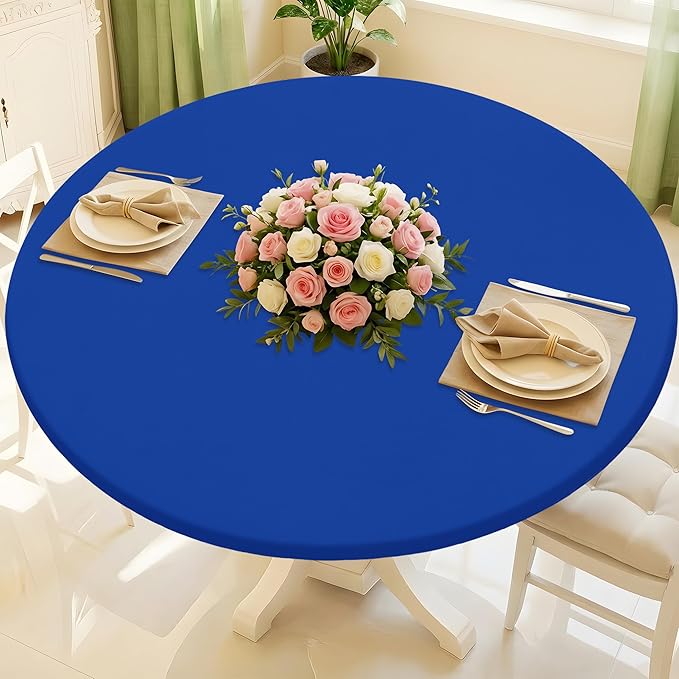 Round Spandex Tablecloth, Elastic Fitted Waterproof Tablecloths for 36"-44" Tables, Stretch Washable Picnic Table Cover for Camping, Dining, Indoor and Outdoor, Blue