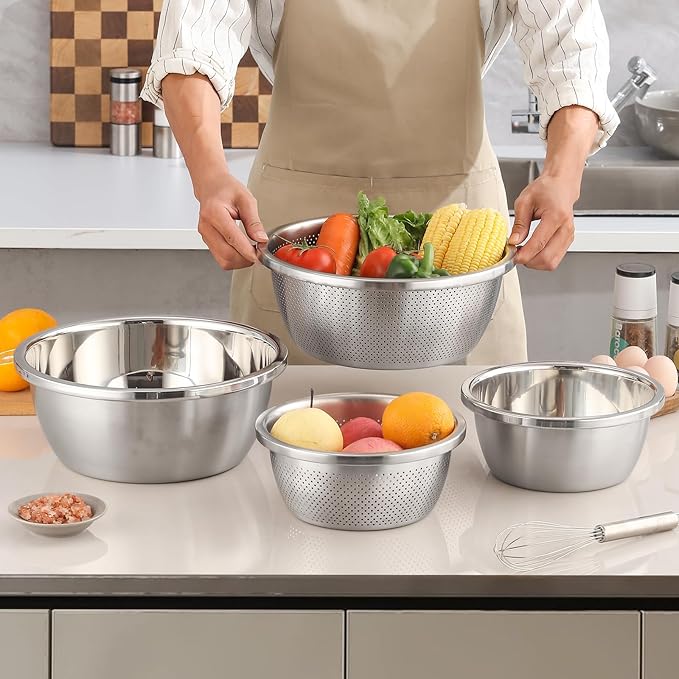 Colander Stainless Steel 304 with Mixing Bowls, 5QT Large Capability Strainers and Colanders for Kitchen, Pasta Strainer for Washing Vegetables, Fruit and Rice, Dishwasher Safe(2PCS)